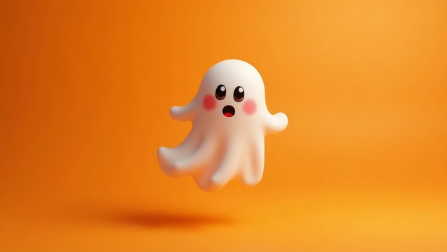 Cute cartoon ghost character with big eyes and blushing cheeks floating against a vibrant orange background, ideal for Halloween-themed designs and decorations