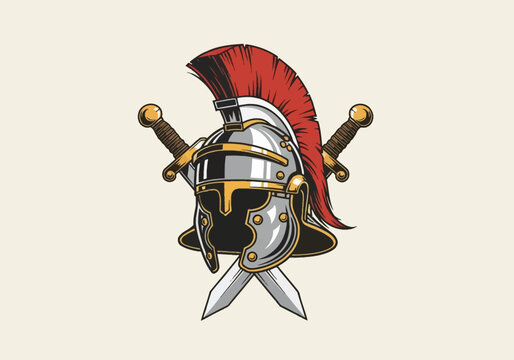 Detailed vector graphic of a Roman legionary helmet with a red transverse crest and crossed gladius swords, historical military armor illustration for emblem or tattoo design.