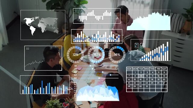Diverse team analyzing data and trends with interactive graphs and charts in a modern office setting, focused on collaboration and strategy planning Gluon.