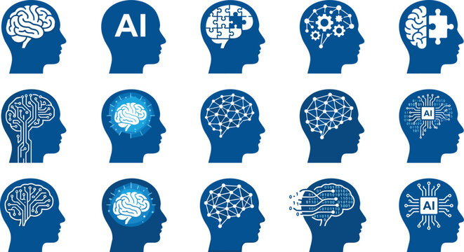 Artificial intelligence brain concept icons featuring digital neural networks and machine learning designs.