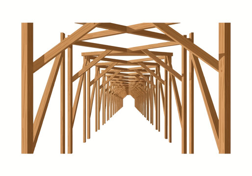 Symmetrical perspective view of a long wooden scaffolding tunnel with timber beams and cross-bracing support structures, receding into a distant point on a white background.
