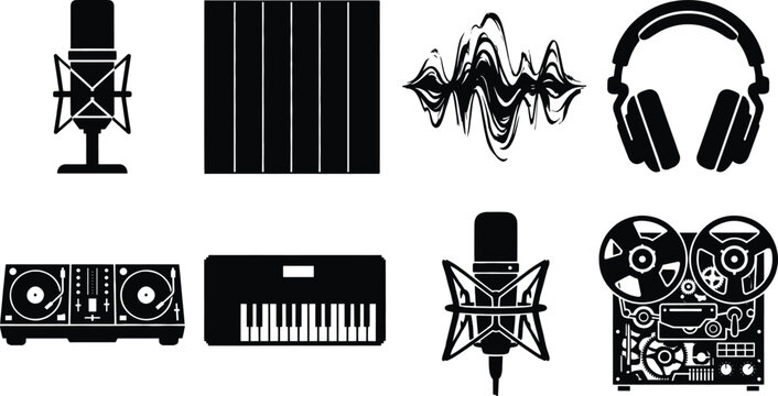 Audio recording and music production vector icons set featuring microphone headphones midi keyboard and dj controller