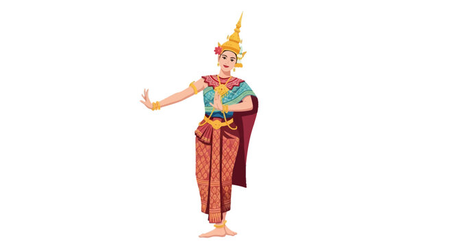 Full body vector illustration of a female Thai dancer in traditional Chut Thai costume and golden Chada headpiece performing classical Ram Thai dance, isolated on white background.