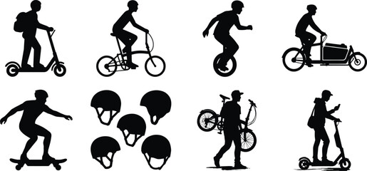 Eco Friendly Urban Mobility and Micro Transportation Icon Set Featuring E-Scooters Bicycles and Skateboards © MdMenhajul