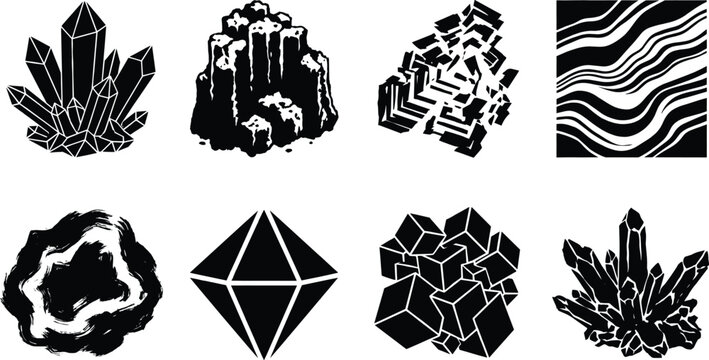 Mineral crystals and geological rock formations vector silhouette icon set featuring quartz geode and pyrite clusters