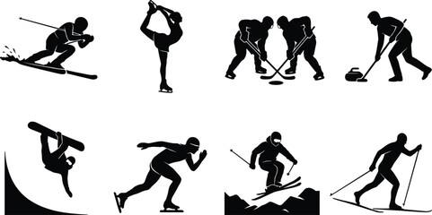 Winter sports silhouette icons set featuring skiing snowboarding ice hockey figure skating and curling athletes © MdMenhajul