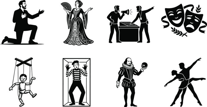 Theater and performing arts vector icon set featuring actors opera singers mime marionette and comedy tragedy masks