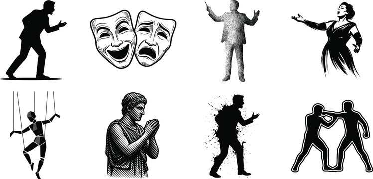 Theater Performance and Performing Arts Vector Icon Set Featuring Drama Comedy Masks and Stage Elements