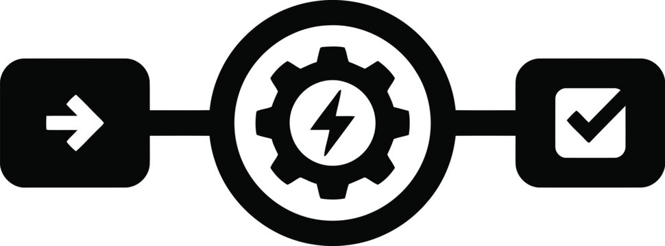 Black and white icon showing input process output symbol for workflow automation or data processing in business.