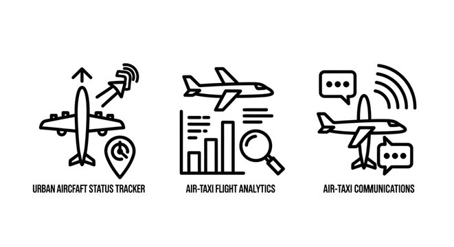 Aviation data analytics and flight communication icons set with aviation analytics communication transport technology aircraft tracking monitoring business logistics management connectivity