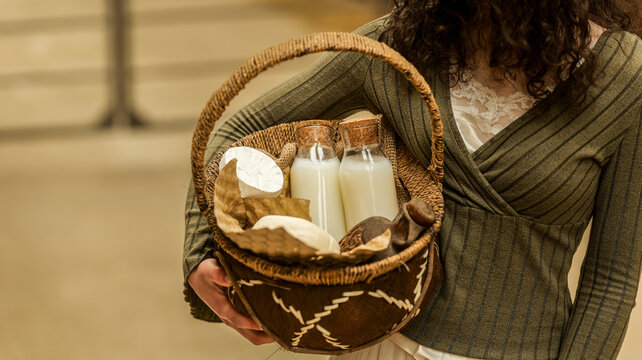Woman holding a basket filled with fresh dairy products and milk bottles