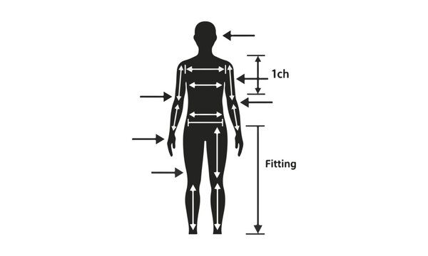 Human Body Silhouette Vector Size Chart with Measurement Arrows and "Fitting" Text