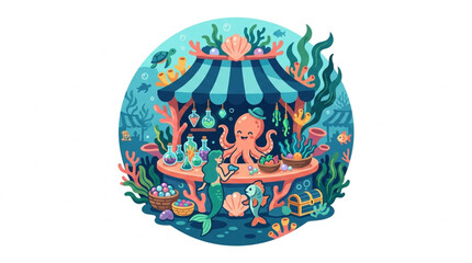 Underwater market stall with octopus vendor and marine life. © kan