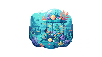Underwater scene with coral reef and marine life illustration. © kan