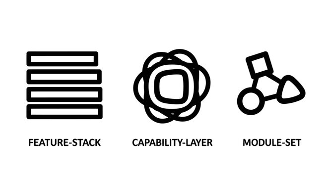 Software architecture component icons set feature stack capability layer module set with software architecture development component technical internet structure computing technology abstract