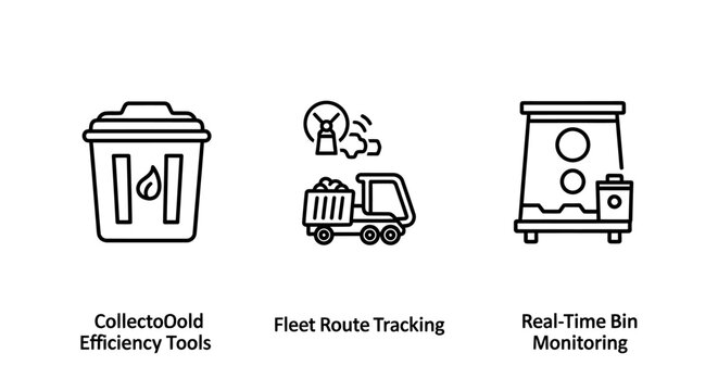 Smart waste management system icons collection efficiency tools fleet tracking bin monitoring with management efficiency tracking monitoring technology logistics environment collection