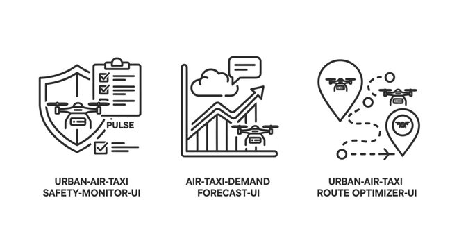 Urban air mobility drone fleet management and monitoring icons with mobility transport forecast optimizer navigation tracking logistics automation technology aviation transportation