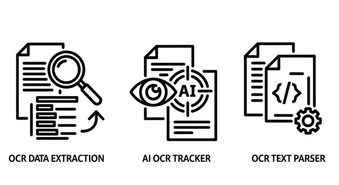 Optical character recognition ocr data extraction and artificial intelligence tracking icons with extraction artificial intelligence tracking document scanning analysis software technology