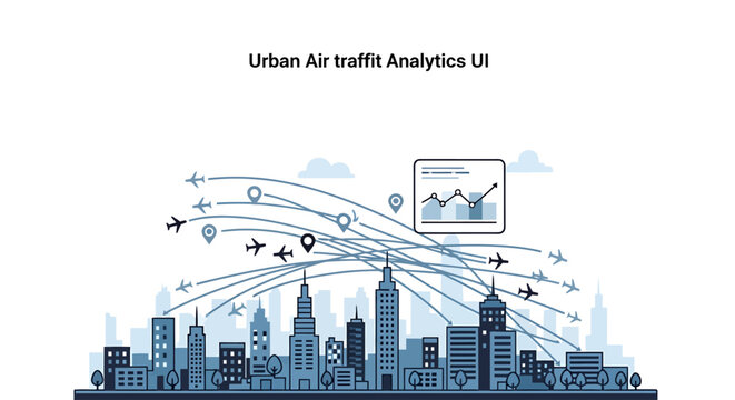 Urban air traffic analytics UI concept with cityscape and flight data analytics aviation management interface cityscape buildings monitoring technology transport logistics navigation