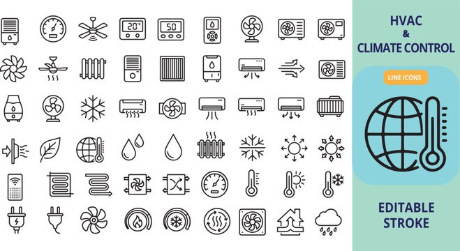 Hvac and climate control linear icon set with conditioner ventilation radiator