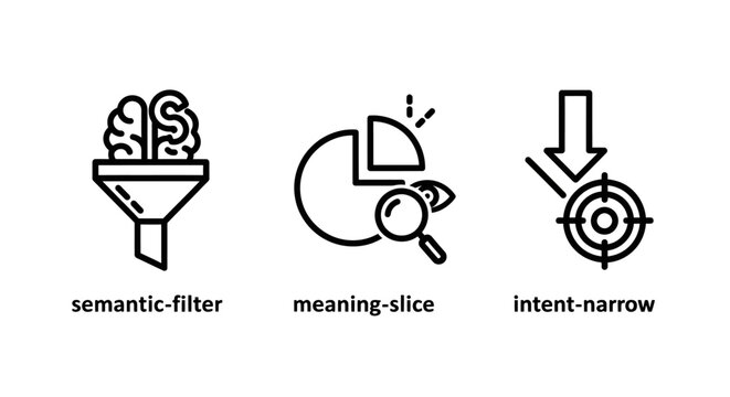 Semantic analysis and intent filtering strategy icons with semantic analysis strategy targeting business marketing magnifying precision optimization information intelligence planning