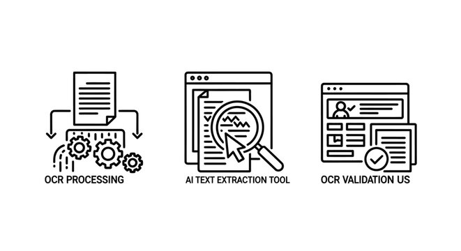 Optical character recognition and document validation icons with processing extraction validation document software automation technology information scanning magnifying analysis business