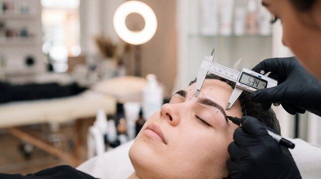 Beautician using digital caliper for professional eyebrow mapping procedure.