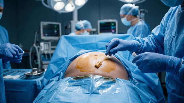 Preparing a pregnant woman's abdomen for C-section surgery in operating room