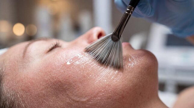 Close-up of esthetician applying chemical peel gel to woman's face with brush