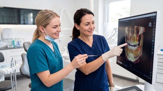 Professional dentist and assistant reviewing 3D dental scan in modern office.