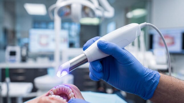 Dentist using modern 3D intraoral scanner on patient teeth in dental clinic