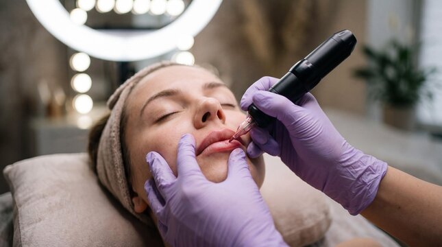 Professional applying lip blush permanent makeup tattoo on a female client