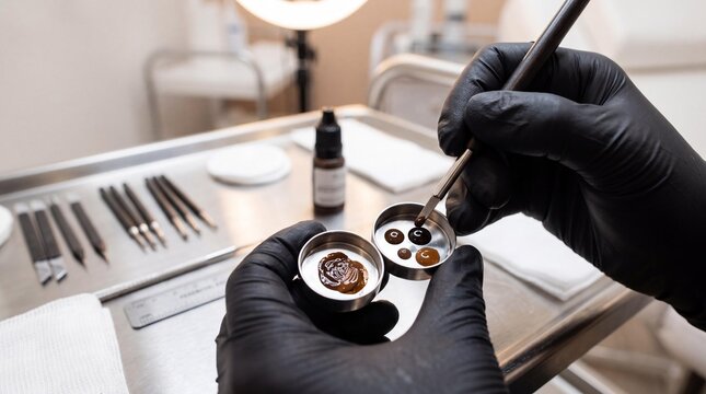 Close up of beautician in black gloves mixing pigment for permanent makeup.