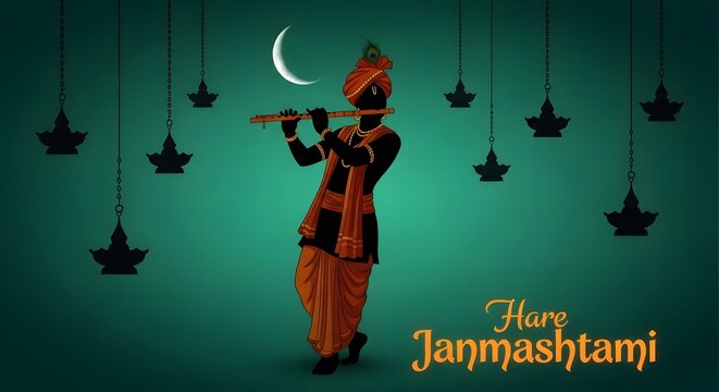 Hindu god Krishna playing flute under crescent moon for Janmashtami