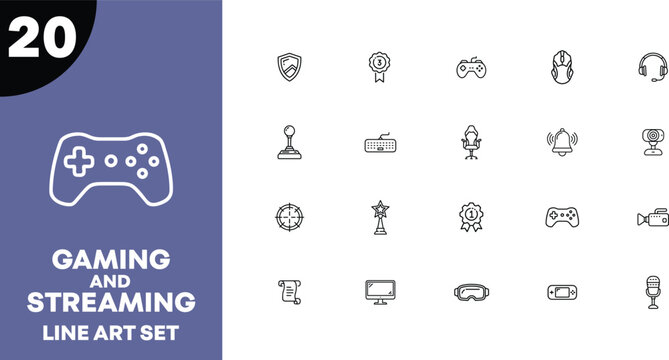 Gaming and streaming line art icon set