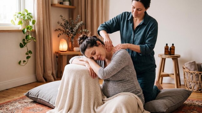 Pregnant woman receiving a relaxing prenatal neck and shoulder massage at home