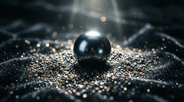 Metal sphere resting among glittering granules on dark fabric