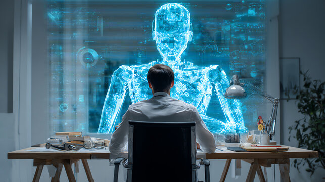 A scientist explores holographic technology while analyzing digital human anatomy in a modern lab environment.