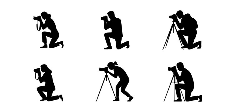 Photographers Using Cameras in Various Poses and Positions Featuring Photographer, Camera, Silhouette with Kneeling and Standing Elements for Tripod,