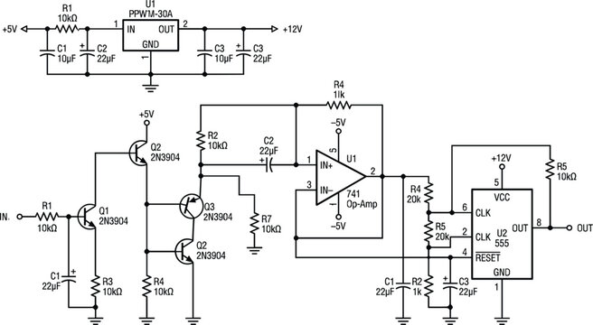 Electronic Circuit Schematic Diagram Vector with Transistors, Op-Amp, Resistors, Capacitors, and Integrated Circuits for Engineering, Technology, and Electrical Technical Technical Designs