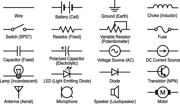Electronic Circuit Schematic Symbols Icon Set with Resistor, Capacitor, Transistor, Diode, Battery, and Switch Vector Elements for Engineering, Education, and Technical Diagrams