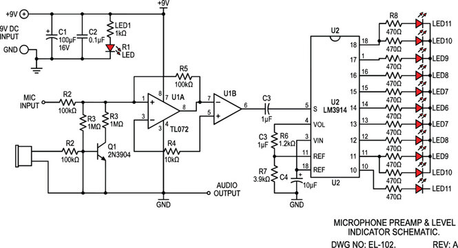 Microphone Preamp and Level Indicator Schematic Circuit Diagram Vector with Integrated Circuits, Resistors, Capacitors, and LED Light Emitting Diodes Technical Blueprint Design