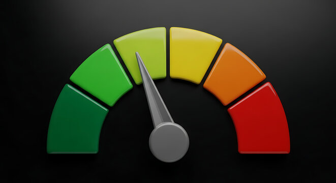 Semicircle gauge meter showing progressive levels with speedometer indicator performance measurement progress dashboard analysis business monitoring abstract