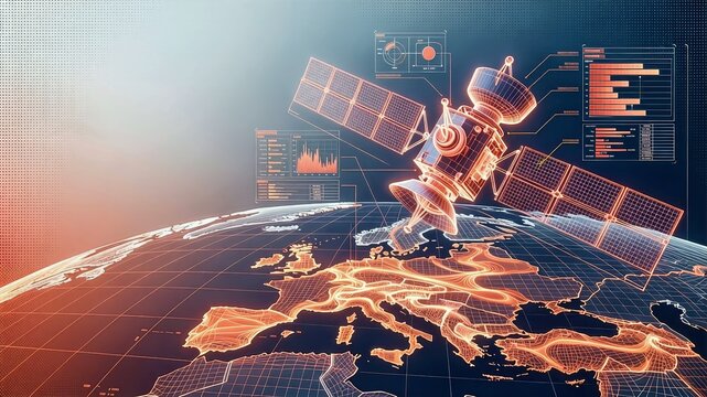 Satellite Emergency Response and Humanitarian Aid Technical Blueprint with 3D Wireframe Satellite Array, Glowing Coral Vectors and Copy Space