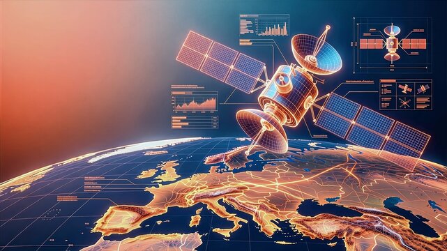 Satellite Emergency Response and Humanitarian Aid Technical Blueprint with 3D Wireframe Satellite Array, Glowing Coral Vectors and Copy Space