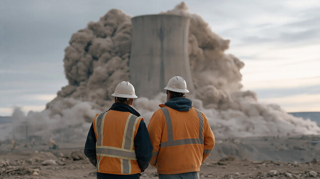 Demolition crew in hard hats and high-visibility vests standing before a massive coal-fired power plant as its cooling tower begins controlled implosion, overcast dramatic sky