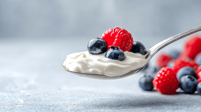 A spoonful of creamy yogurt topped with fresh berries, perfect for a healthy breakfast or snack.