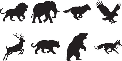 Obraz premium Wild animals vector silhouette collection featuring a running lion, elephant, wolf, flying eagle, jumping deer, panther, bear, and fox.