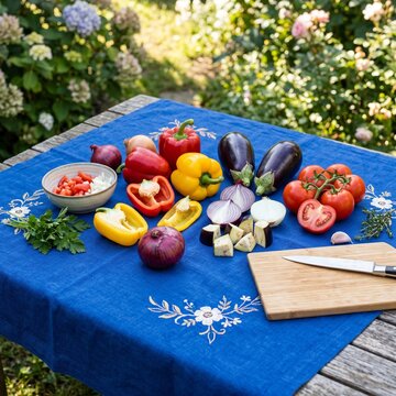 Raw ingredients for Zacusca arranged on royal blue floral embroidered tablecloth