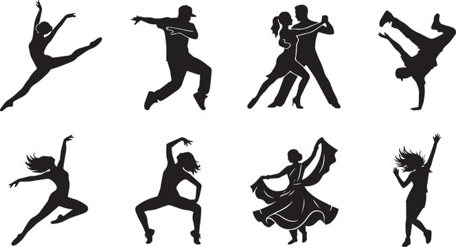 Dancers silhouette vector collection featuring diverse dance styles including ballet, hip hop, breakdancing, salsa, and traditional folklore.